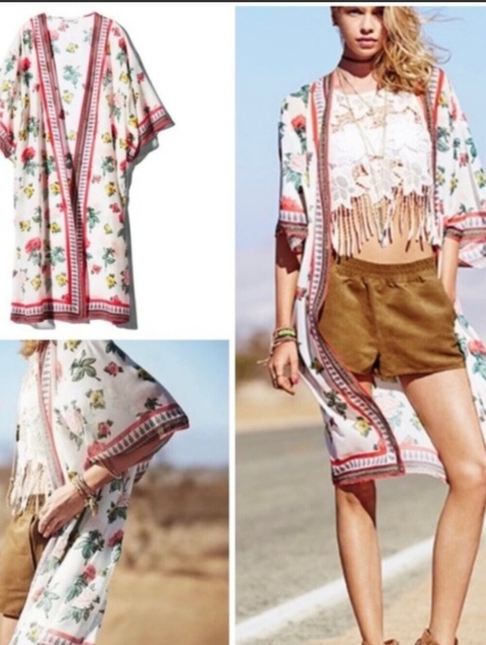 H&M Coachella Floral Sheer Kimono Duster with Coral Trim Size M